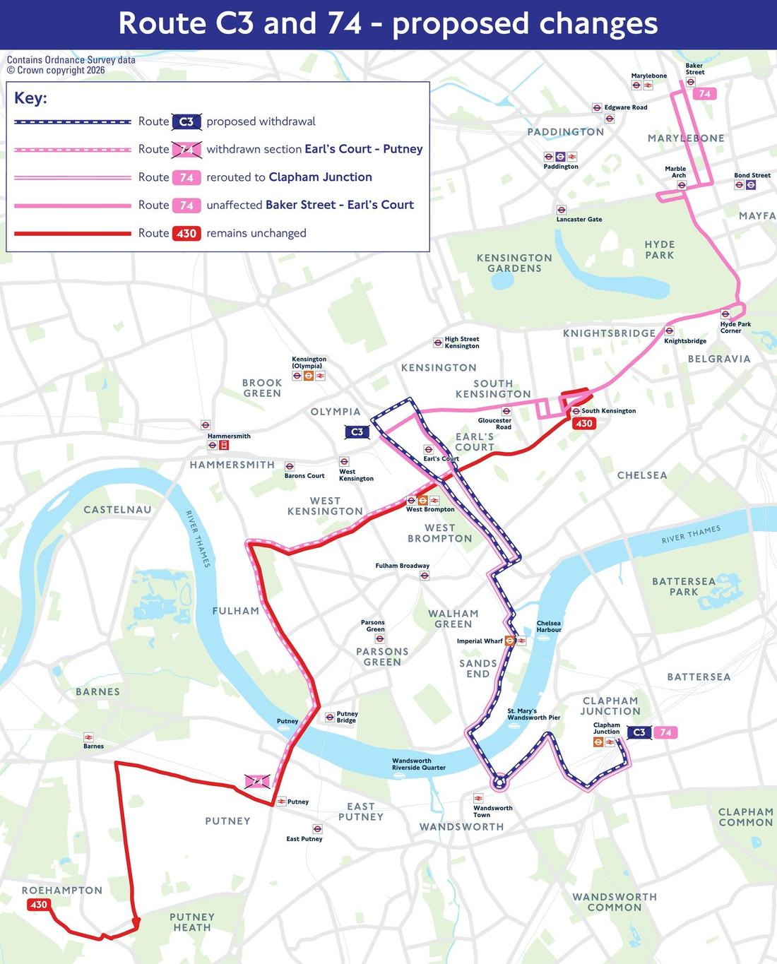 TfL map of the proposed changes: the C3 withdrawn, the 74 withdrawn between Earl’s Court and Putney and rerouted via Chelsea Harbour, Imperial Wharf and Sands End to Clapham Junction, and the 430 unchanged between South Kensington and Roehampton